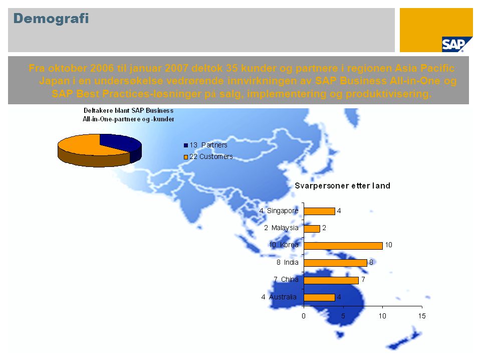 Demografi Fra oktober 2006 til januar 2007 deltok 35 kunder og partnere i regionen Asia Pacific Japan i en undersøkelse vedrørende innvirkningen av SAP Business All-in-One og SAP Best Practices-løsninger p å salg, implementering og produktivisering.