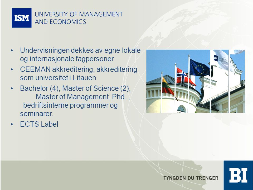 Undervisningen dekkes av egne lokale og internasjonale fagpersoner CEEMAN akkreditering, akkreditering som universitet i Litauen Bachelor (4), Master of Science (2), Master of Management, Phd., bedriftsinterne programmer og seminarer.