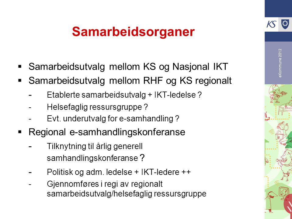 eKommune 2012 Samarbeidsorganer  Samarbeidsutvalg mellom KS og Nasjonal IKT  Samarbeidsutvalg mellom RHF og KS regionalt - Etablerte samarbeidsutvalg + IKT-ledelse .
