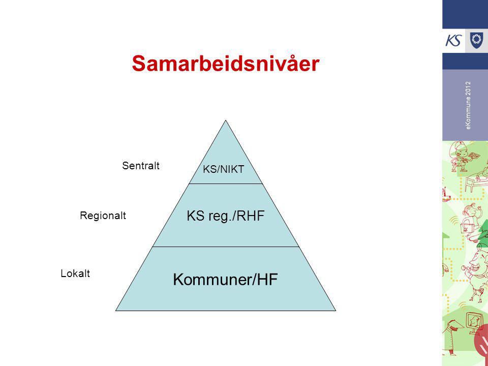eKommune 2012 Samarbeidsnivåer KS reg./RHF Kommuner/HF KS/NIKT Sentralt Regionalt Lokalt