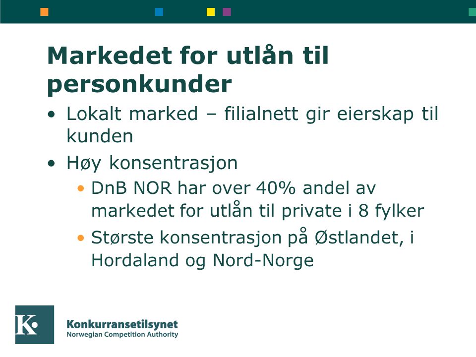 Markedet for utlån til personkunder Lokalt marked – filialnett gir eierskap til kunden Høy konsentrasjon DnB NOR har over 40% andel av markedet for utlån til private i 8 fylker Største konsentrasjon på Østlandet, i Hordaland og Nord-Norge