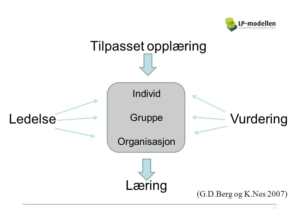 Tilpasset opplæring Individ Gruppe Organisasjon Læring Ledelse Vurdering 14 (G.D.Berg og K.Nes 2007)