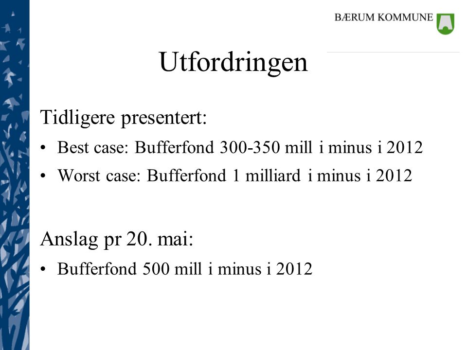 Utfordringen Tidligere presentert: Best case: Bufferfond mill i minus i 2012 Worst case: Bufferfond 1 milliard i minus i 2012 Anslag pr 20.
