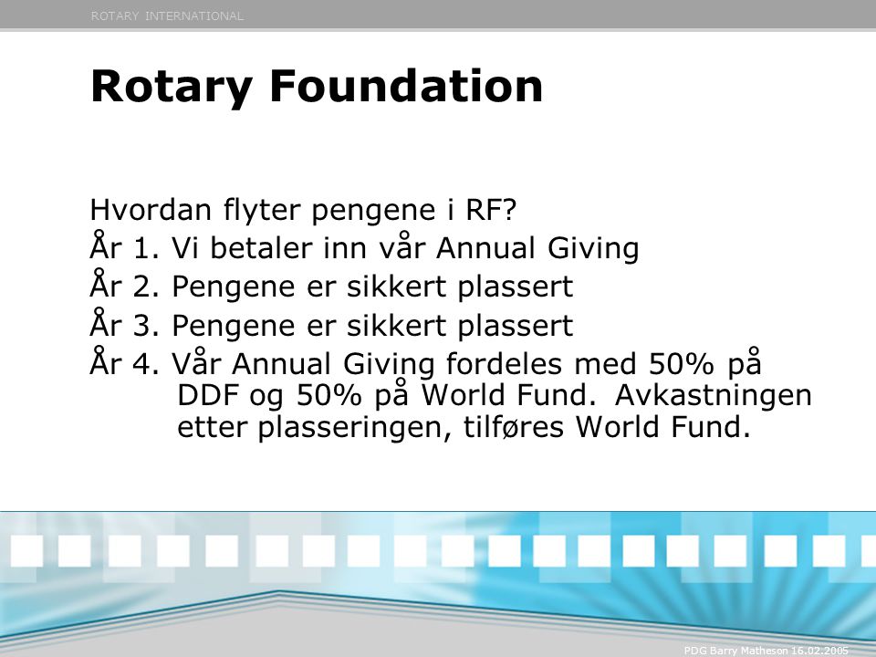 ROTARY INTERNATIONAL PDG Barry Matheson Rotary Foundation Hvordan flyter pengene i RF.